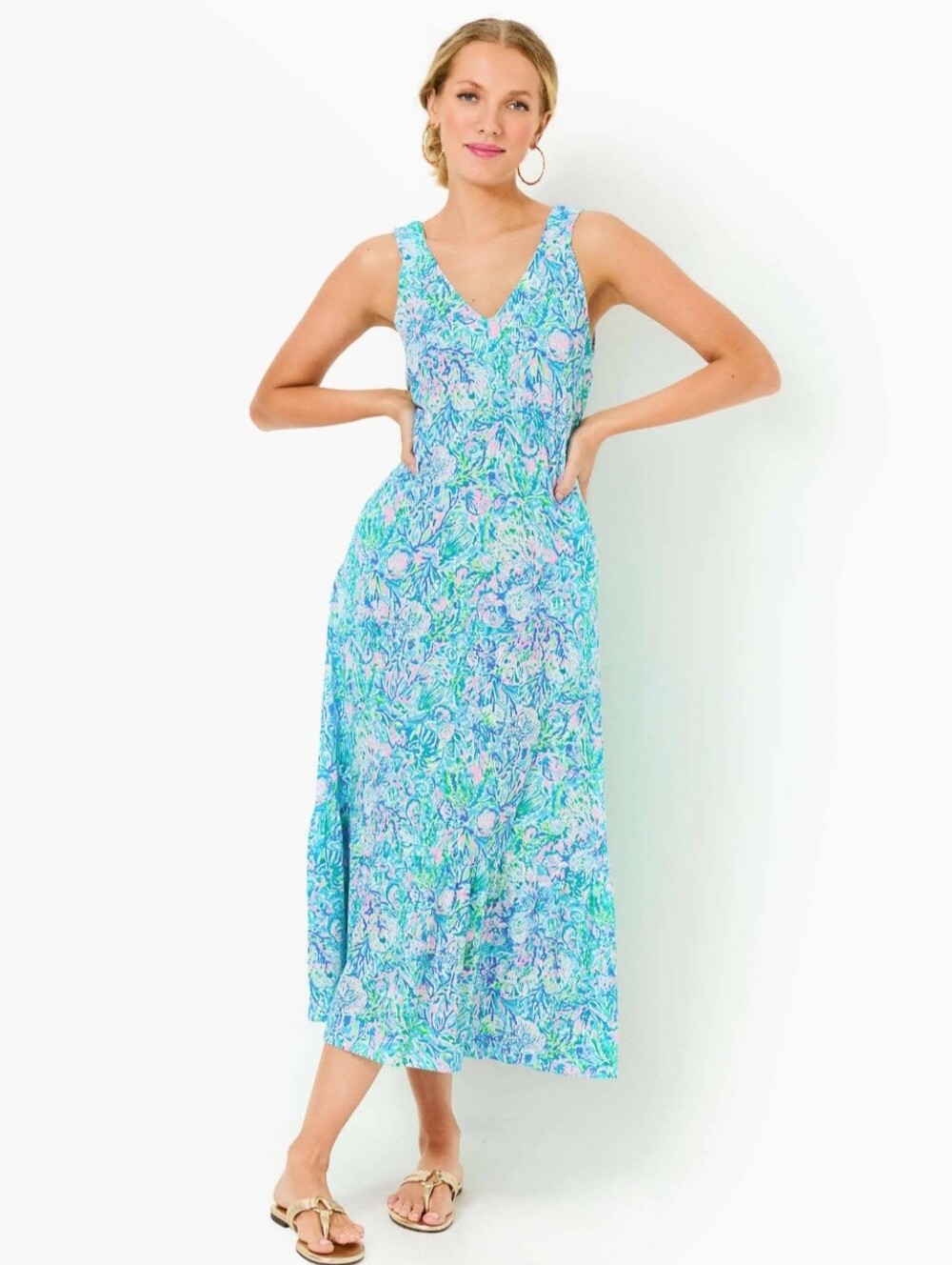 Lilly Pulitzer Madsen Midi Dress in the Cumulus Blue Chick Magnet print.